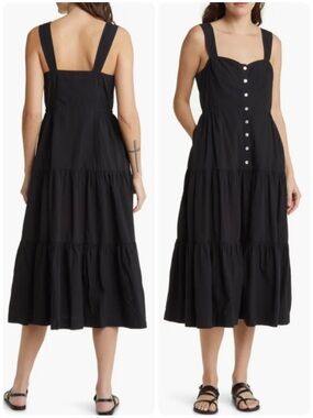 Madewell Suzette Black Seamed Bodice Tiered Cotton Midi Dress Sundress Size 4
